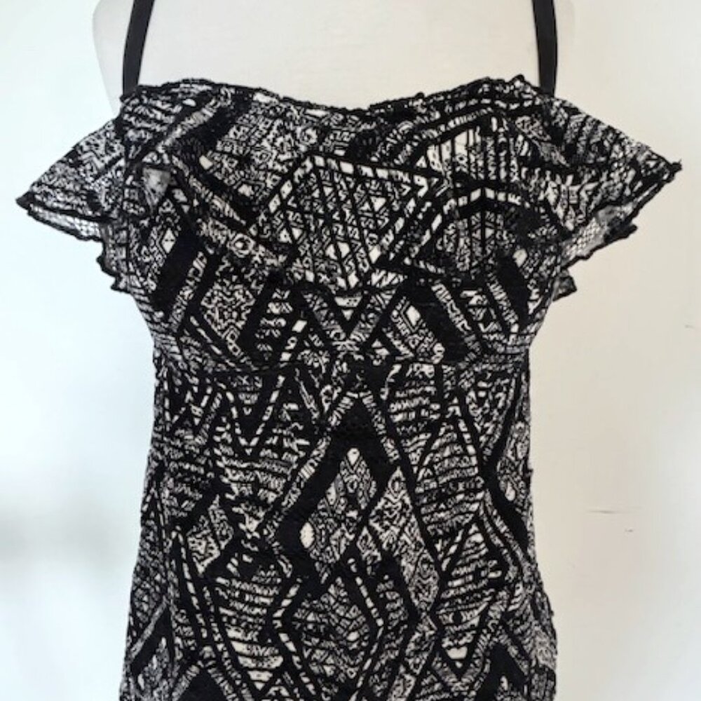 Women's Becca  Bandeau Black Print Ruffle Tankini Plus 1X